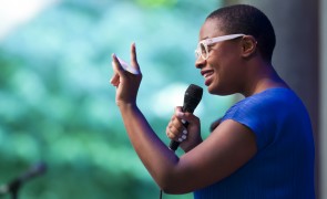 Cécile McLorin Salvant performs in the Venetian Theater at Caramoor in Katonah New York on July 18, 2015.  (photo by Gabe Palacio)