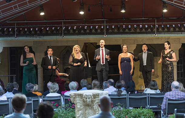 Anonymous in Love by the Bel Canto Young Artists in the Spanish Courtyard of the Rosen House at Caramoor in Katonah New York on June 25, 2015. (photo by Gabe Palacio)