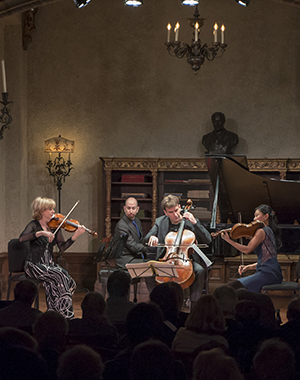 Edward Arron and Friends with Adam Neiman, piano, Maria Bachmann, violin, Hsin-Yun Huang, viola, Edward Arron, cello, perform in the Music Room of the Rosen House at Caramoor in Katonah New York on April 9, 2016. (photo by Gabe Palacio)