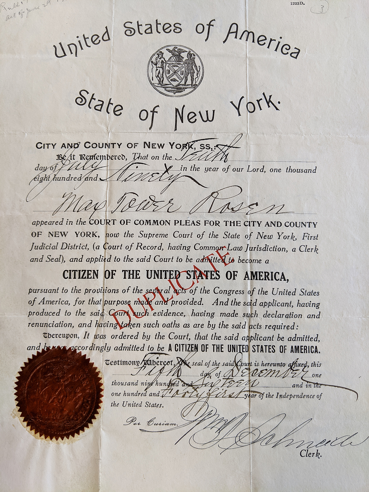 Naturalization Certificate for Walter Rosen's father, Max